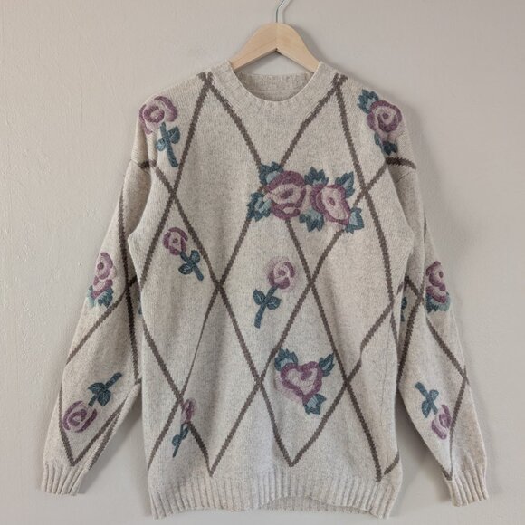 Wool Blend Embroidered Floral Cottagecore Sweater - Beige‎ Diamond Pattern - Picture 4 of 9